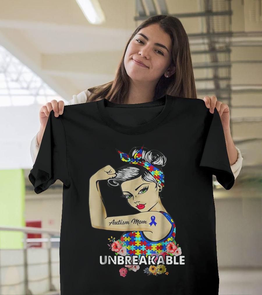 Unbreakable Autism Mom Awareness Month Puzzle Ribbon Flowers T-Shirt