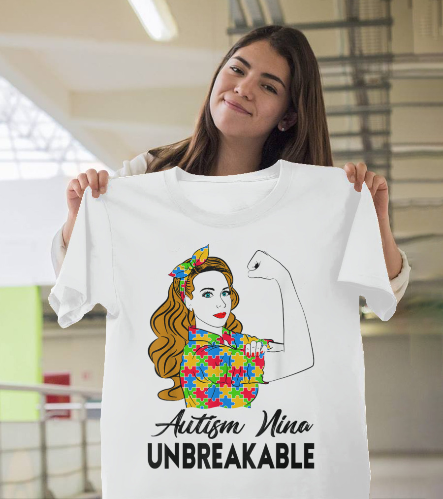 Autism Nina Unbreakable Puzzle Pattern Rosie Riveter Style Awareness T-Shirt