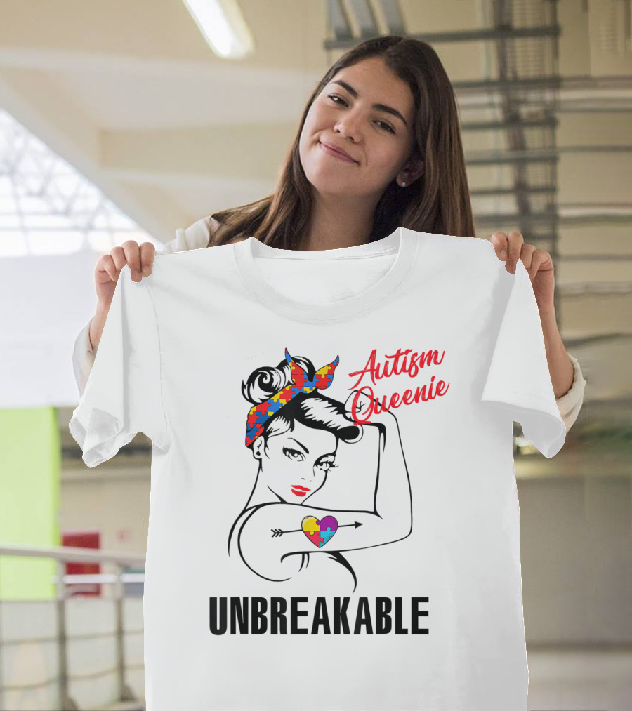 Autism Queenie Unbreakable With Puzzle Heart And Headscarf T-Shirt