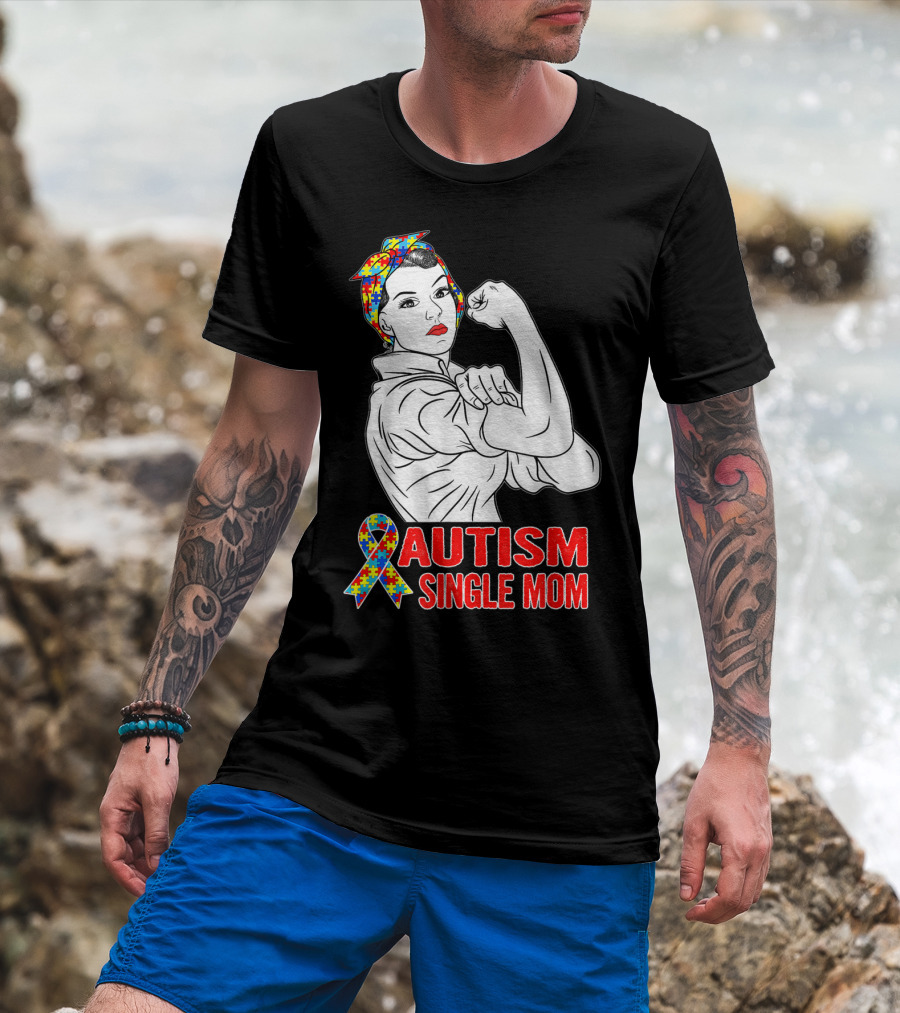 Autism Single Mom Unbreakable Awareness Rosie The Riveter Puzzle T-Shirt