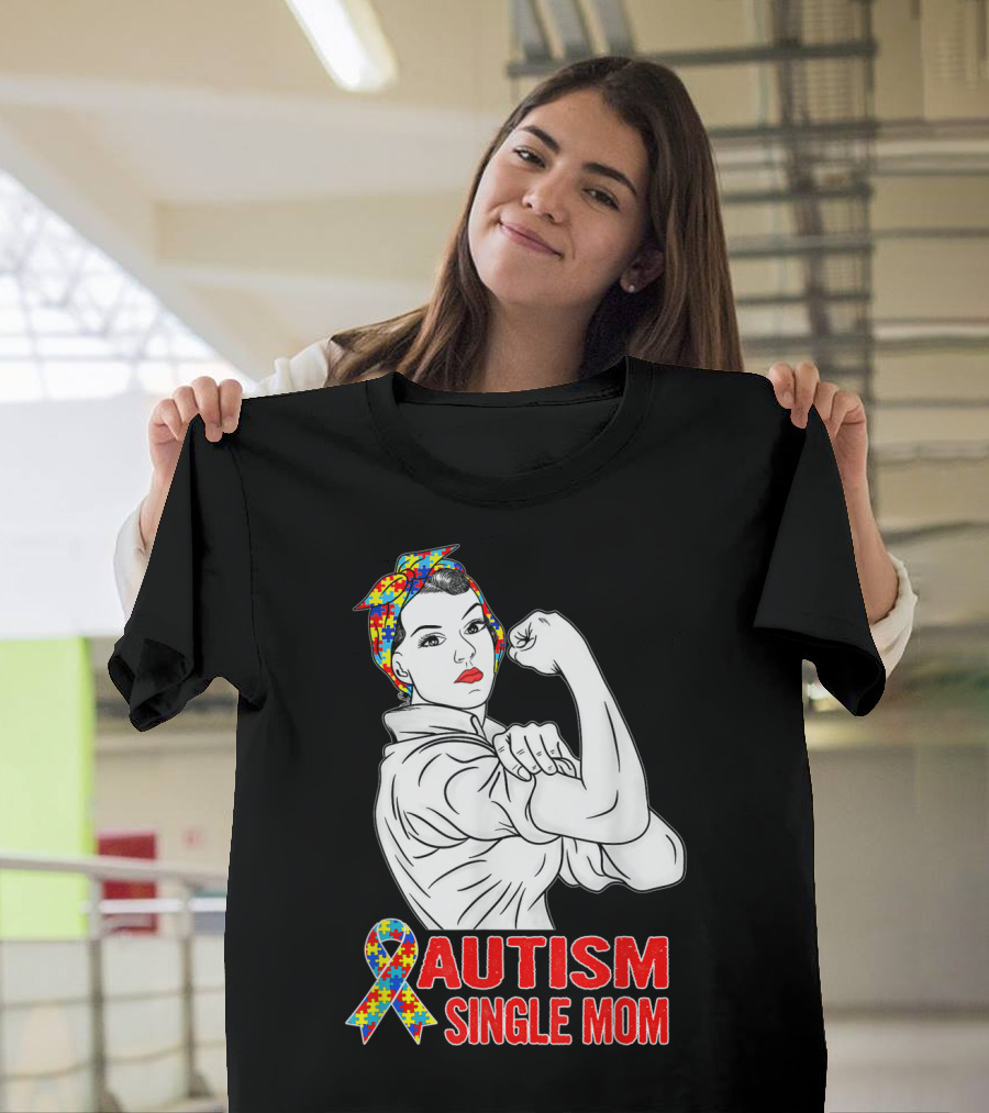 Autism Single Mom Unbreakable Awareness Rosie the Riveter Puzzle T-Shirt
