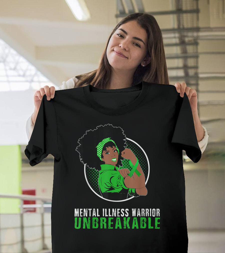 Mental Illness Warrior Unbreakable Empowerment Image with Afro and Green T-Shirt