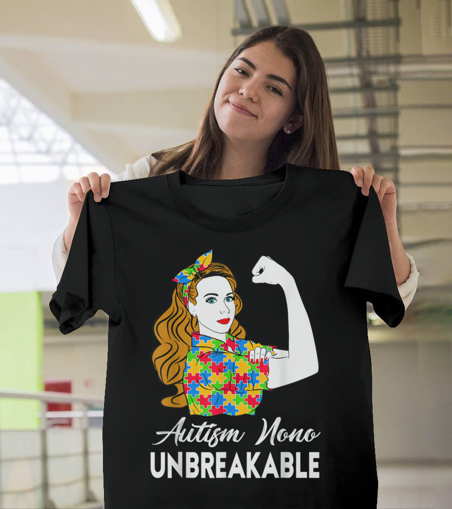 Autism Nono Unbreakable Autism Awareness Puzzle Pattern Rosie the Riveter T-Shirt