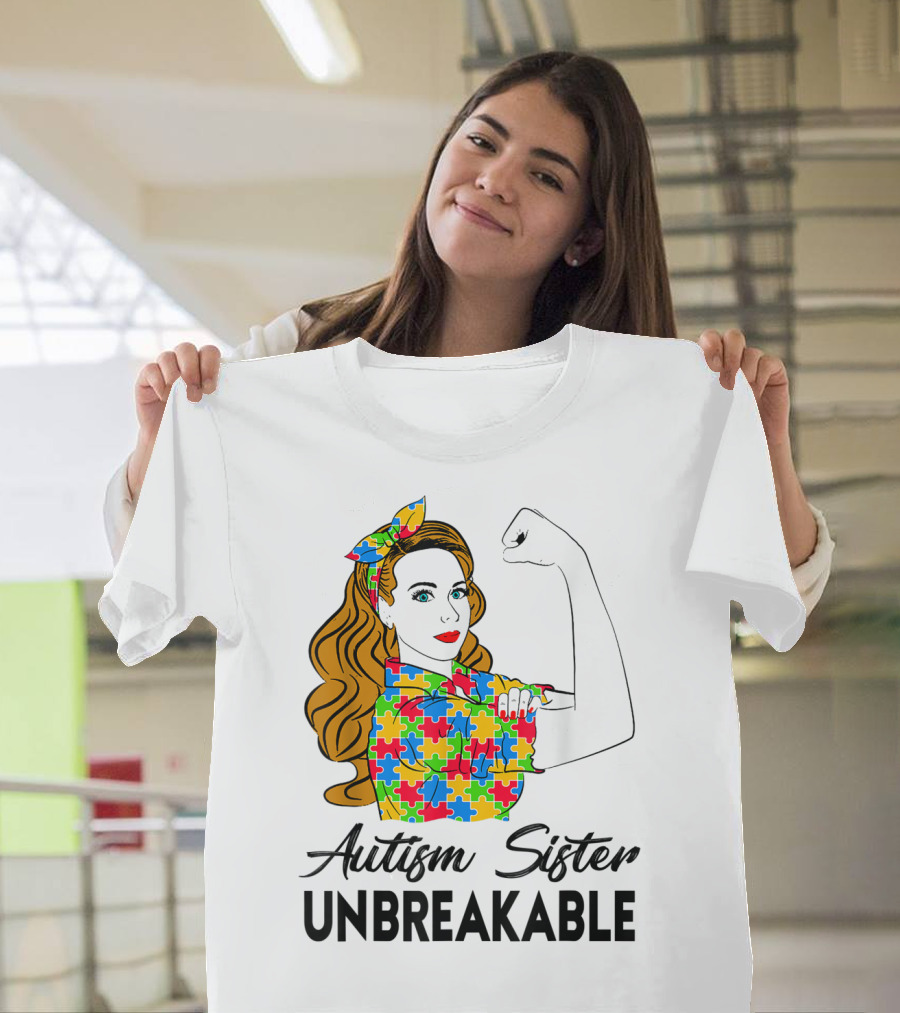 Autism Sister Unbreakable Autism Awareness Puzzle Pattern Rosie the Riveter T-Shirt