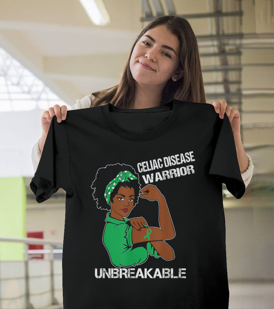 Celiac Disease Warrior Unbreakable With Empowering Arm Pose And Green Awareness T-Shirt