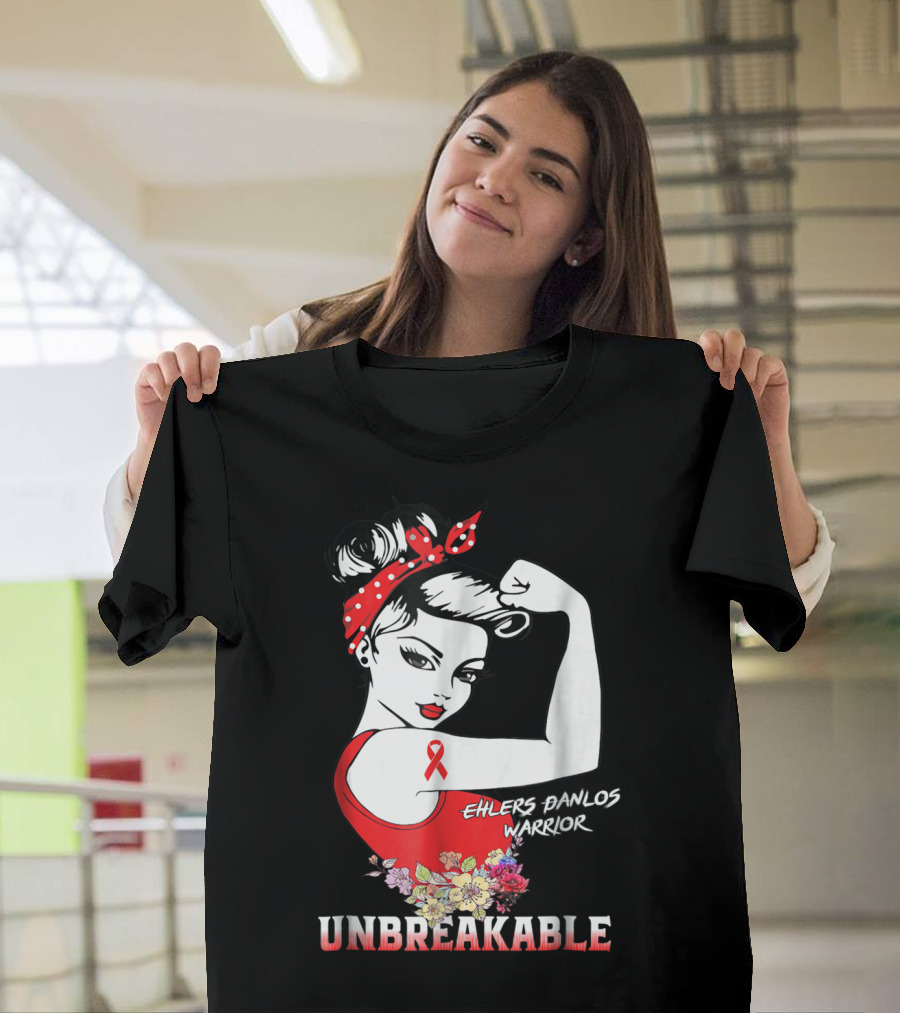 Ehlers Danlos Warrior Unbreakable Rosie The Riveter Style With Ribbon And Floral Elements T-Shirt