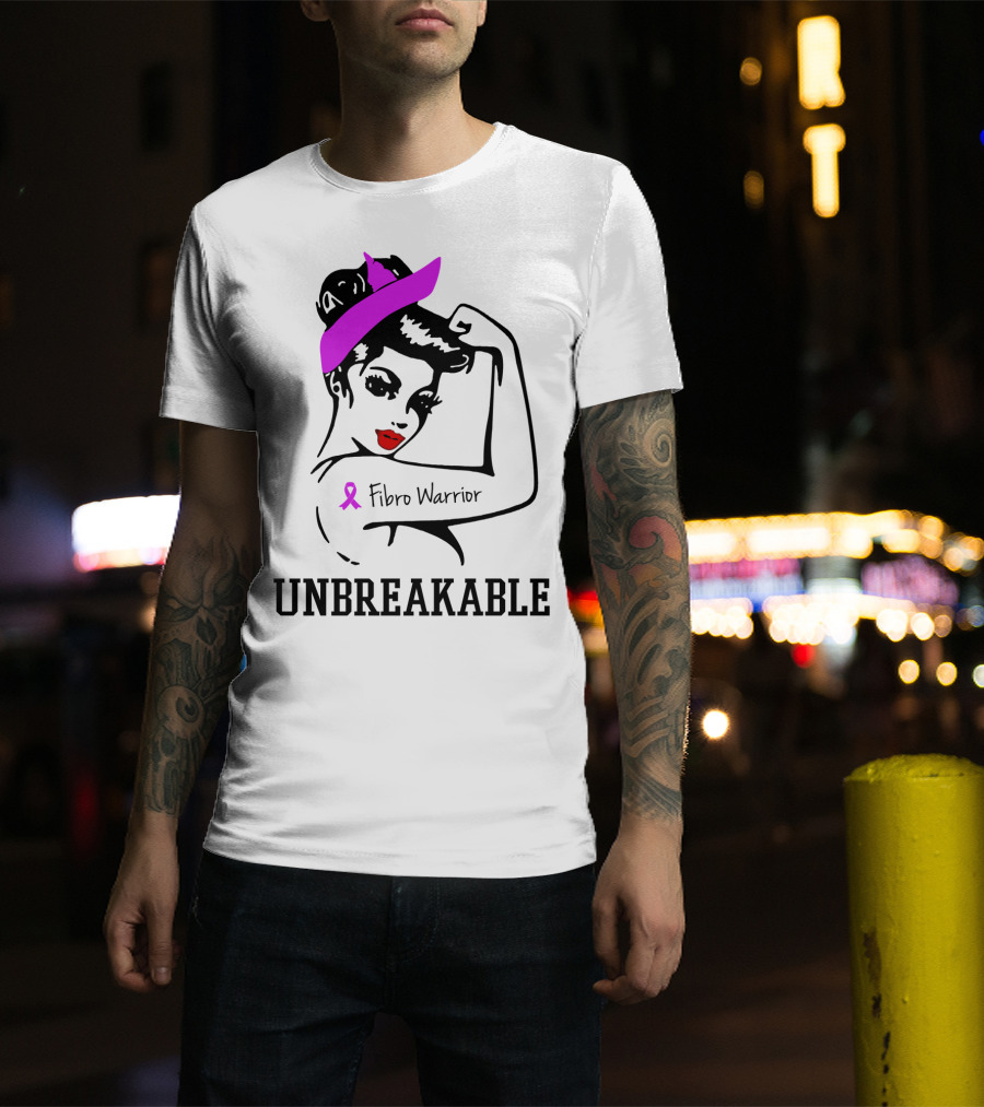 Fibro Warrior Unbreakable Strong Woman With Pink Ribbon And Purple Hair Bow T-Shirt