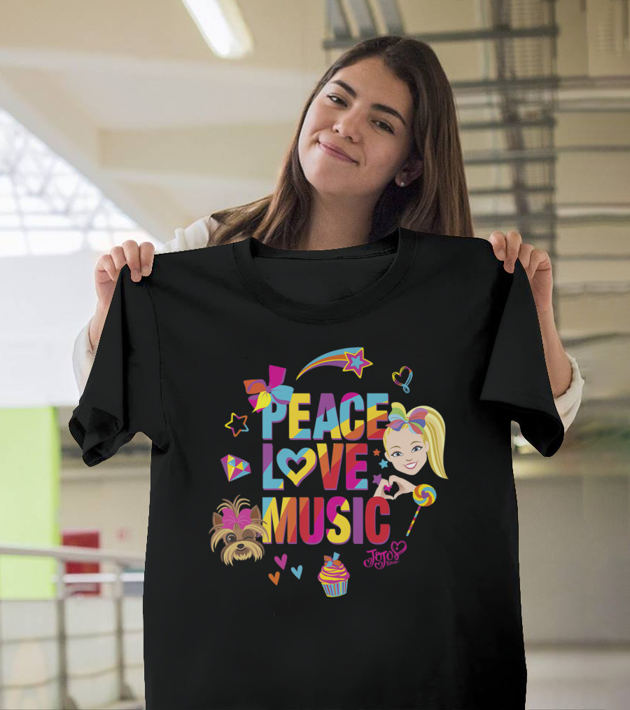 Jojo Siwa Peace Love Music Rainbow With Bow Stars Hearts Cupcake Puppy T-Shirt