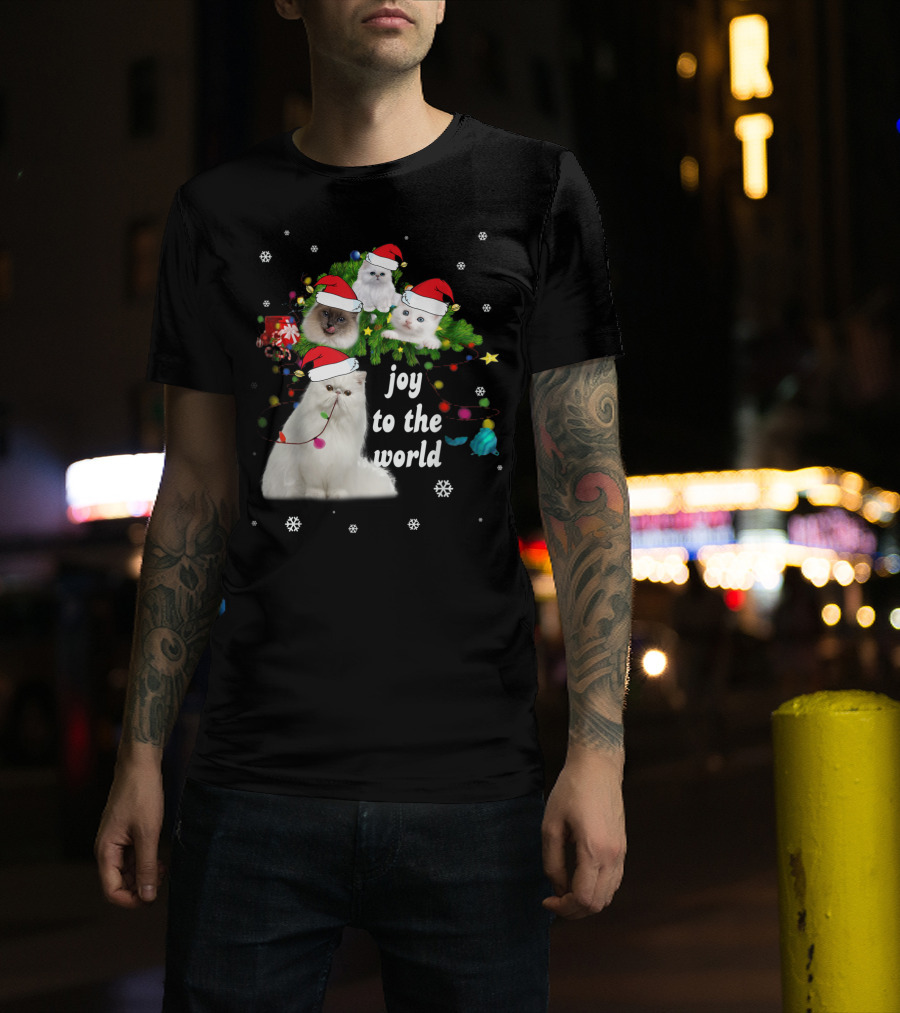 Joy To The World Christmas Cats With Santa Hats And Snowflakes T-Shirt