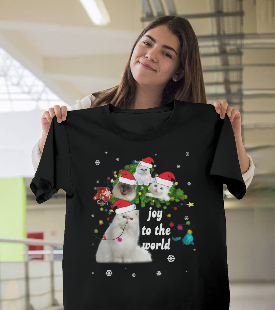 Joy to the World Christmas Cats with Santa Hats and Snowflakes T-Shirt
