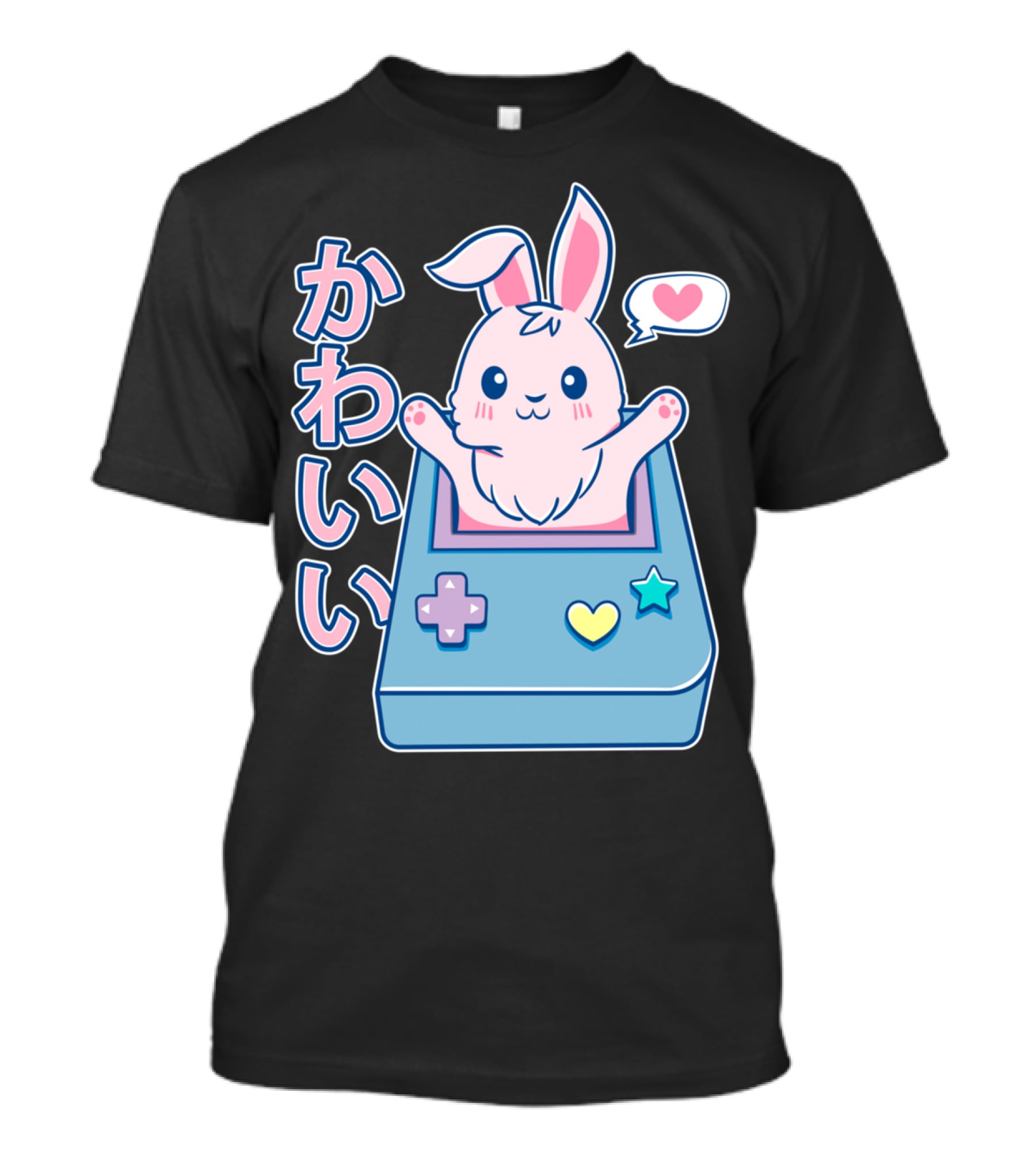 Kawaii Gamer Bunny Rabbit In Pastel Colors With Japanese Text And Game Console T-Shirt