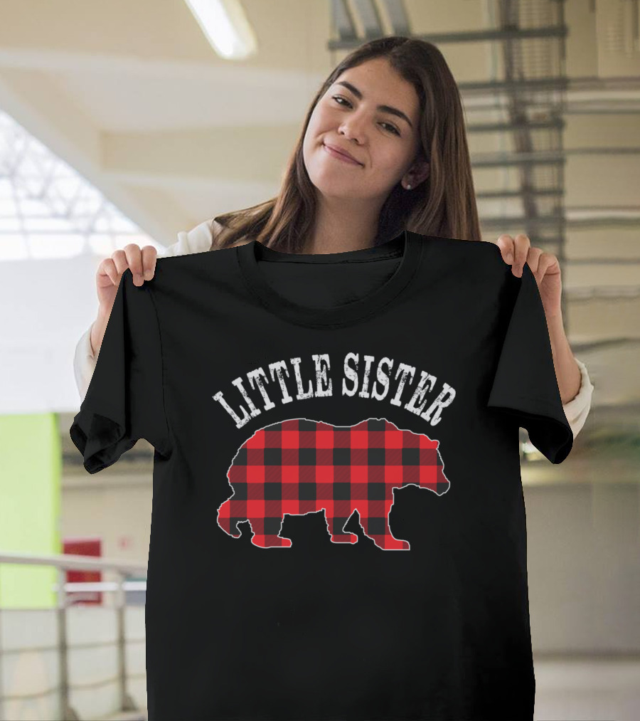 Little Sister Red Black Buffalo Plaid Bear T-Shirt