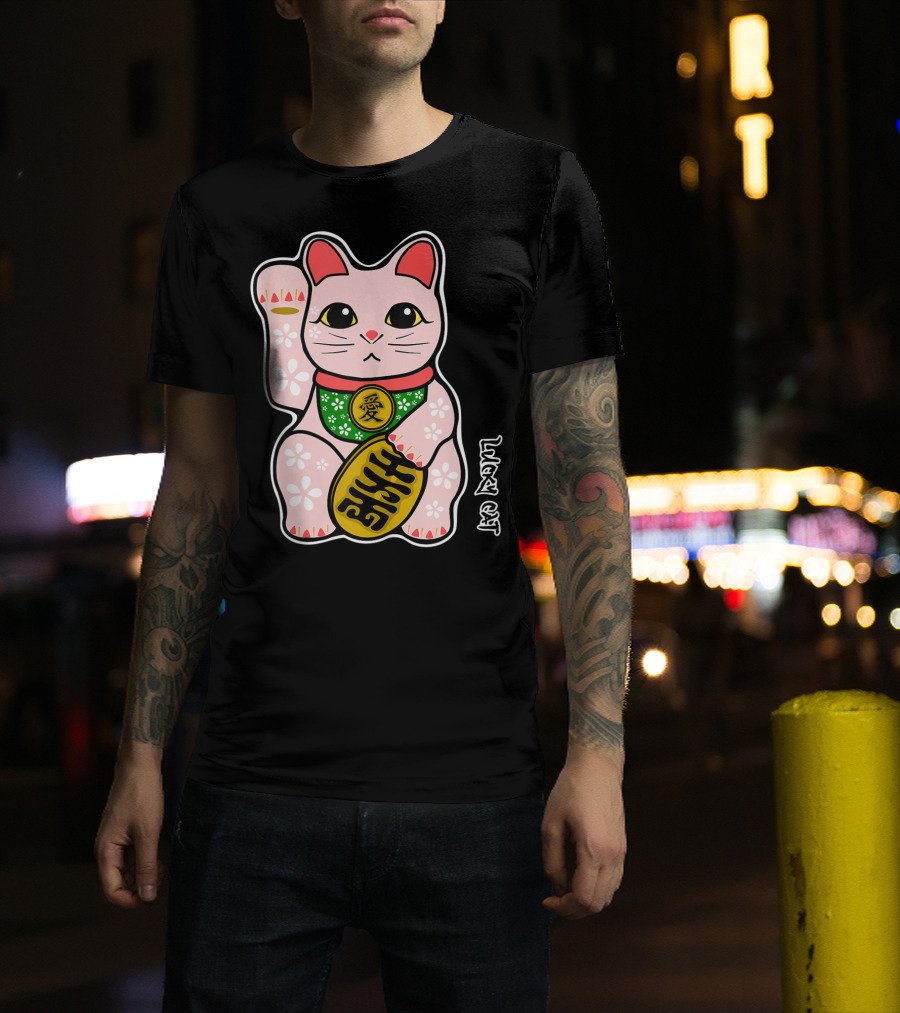 Lucky Cat Manekineko Japanese Love Prosperity Symbol Icon Floral T-Shirt
