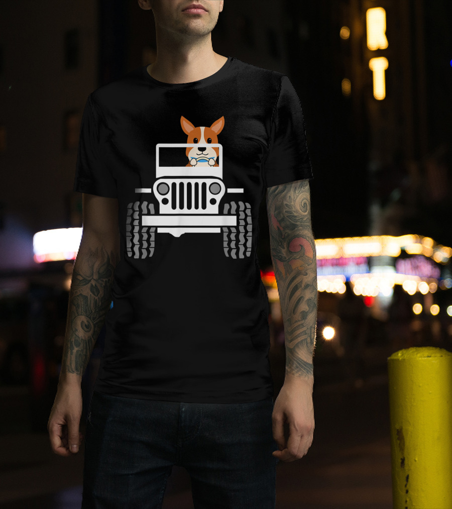 Mens Funny Cute Corgi Jeep Dog T-Shirt