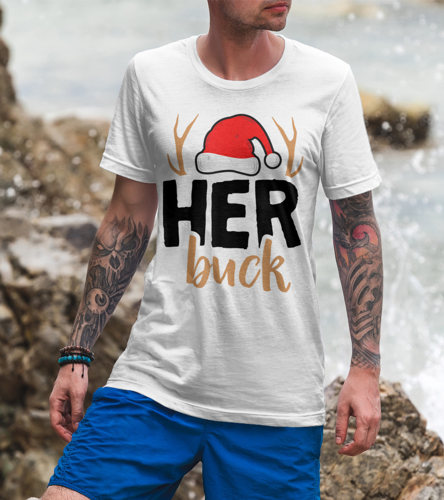 Her Buck Christmas Antlers Santa Hat Matching Mens T-Shirt
