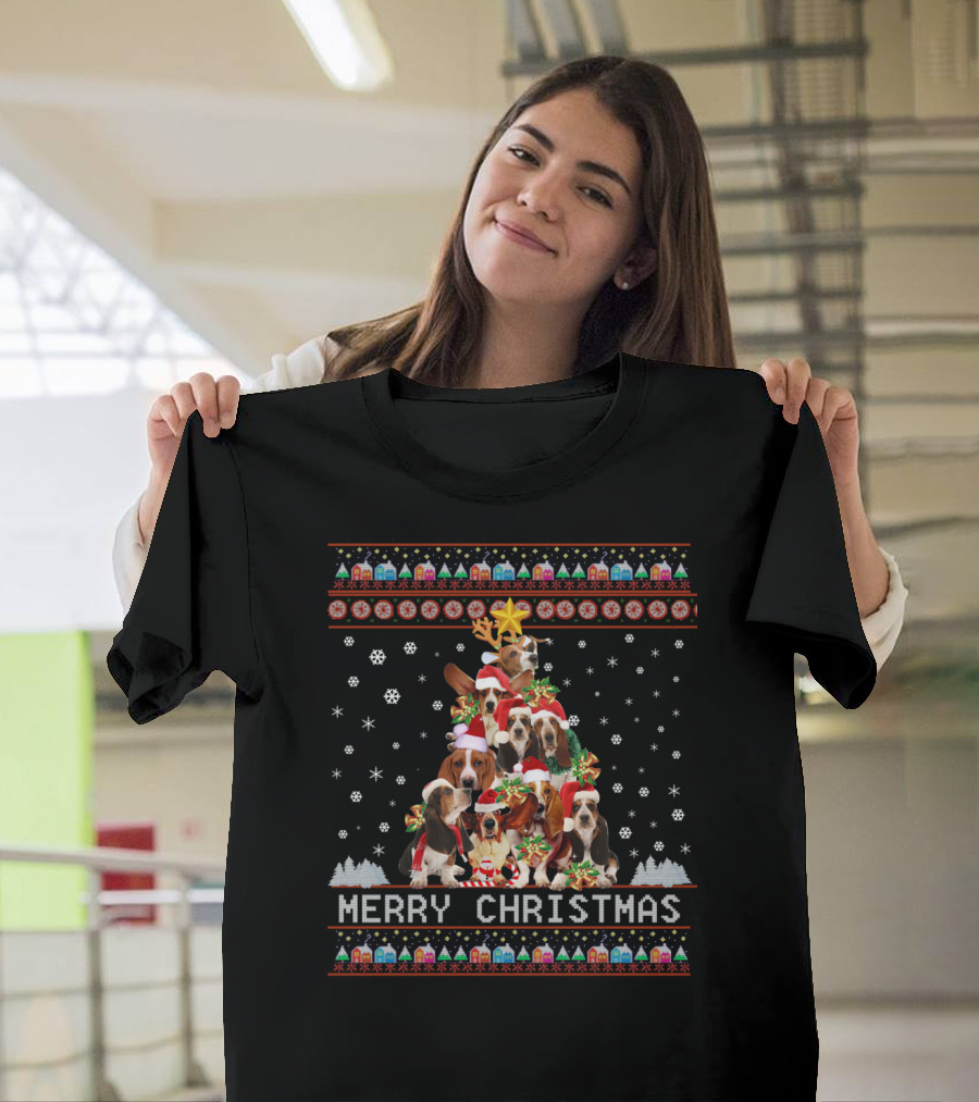 Merry Christmas Basset Hound Dogs In Festive Holiday Winter Wonderland With Snowflakes And Decorations T-Shirt