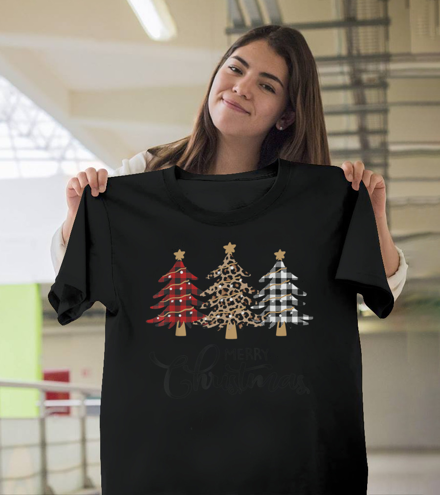 Merry Christmas Plaid Leopard Trees T-Shirt