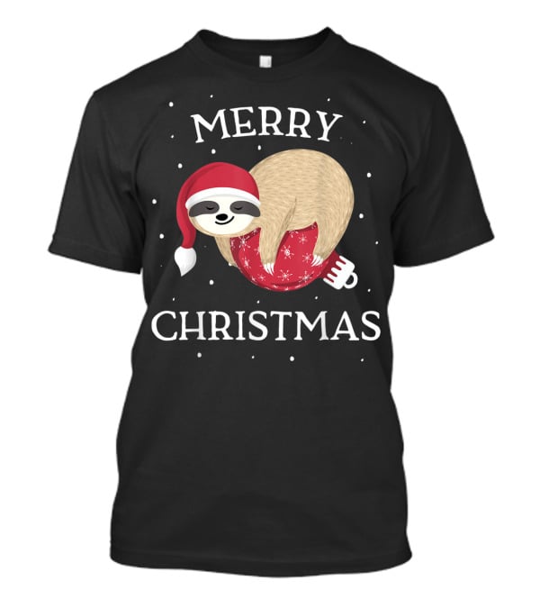 Merry Christmas Sloth Santa Hat Snowflakes T-Shirt
