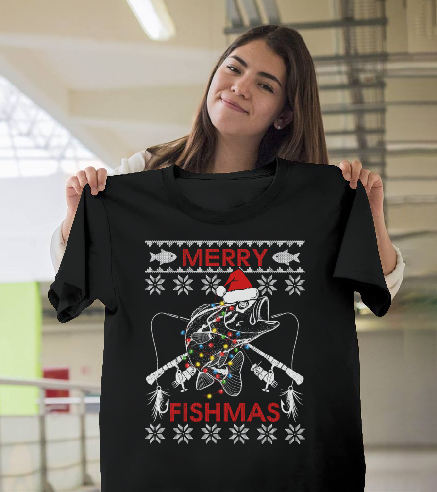Merry Fishmas Ugly Xmas Santa Hat Bass with Fishing Rods and Lights T-Shirt