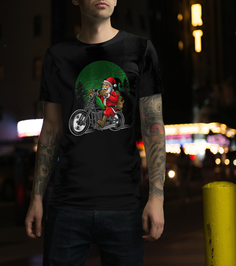 Motorcycle Santa Riding Through Festive Forest T-Shirt