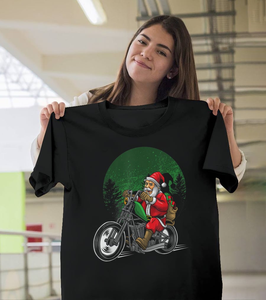 Motorcycle Santa Riding Through Festive Forest T-Shirt