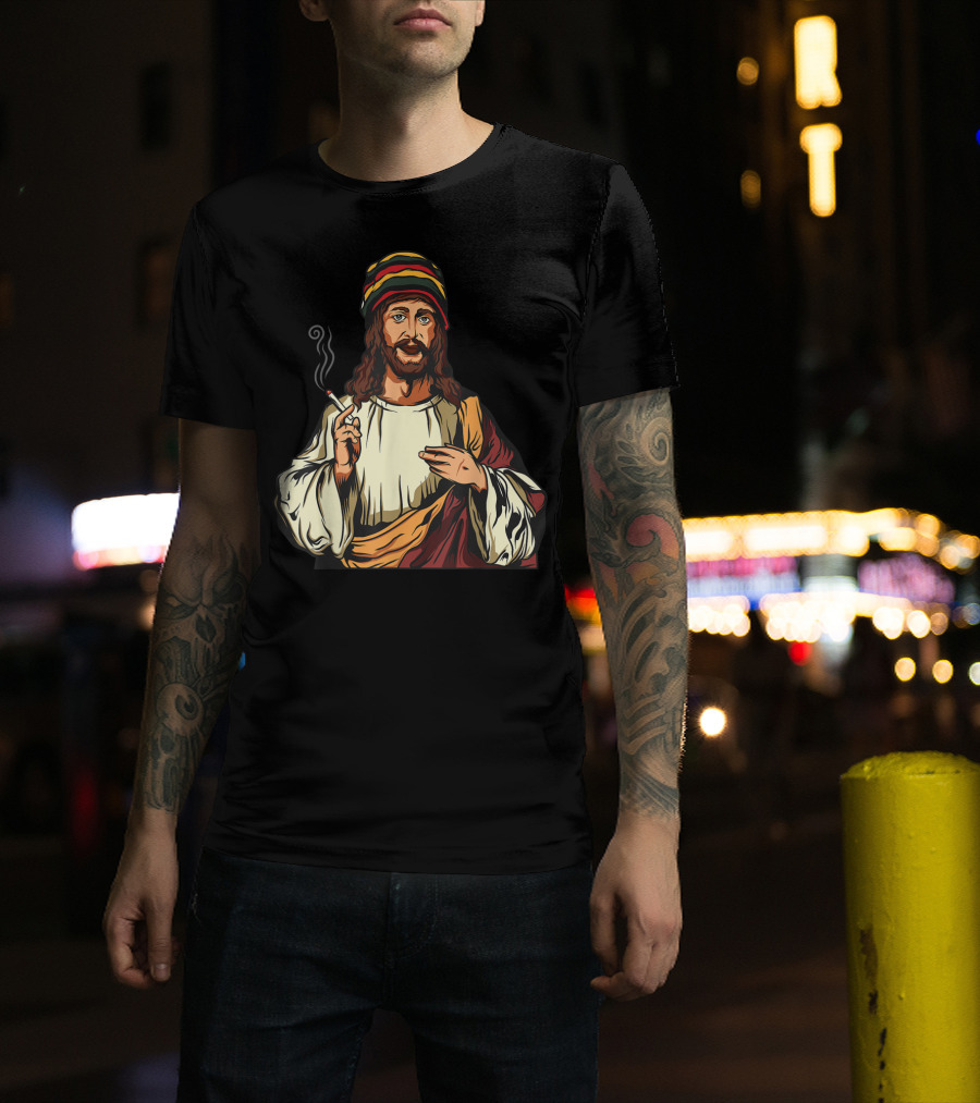Pot Smoking Jesus Christ Cannabis Weed Rasta Hat Smoking Joint T-Shirt