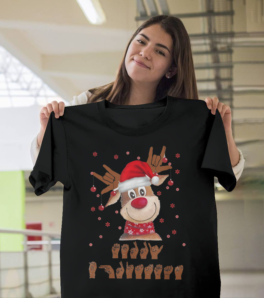 Merry Christmas Reindeer in Santa Hat with ASL Sign Language and Red Nose T-Shirt