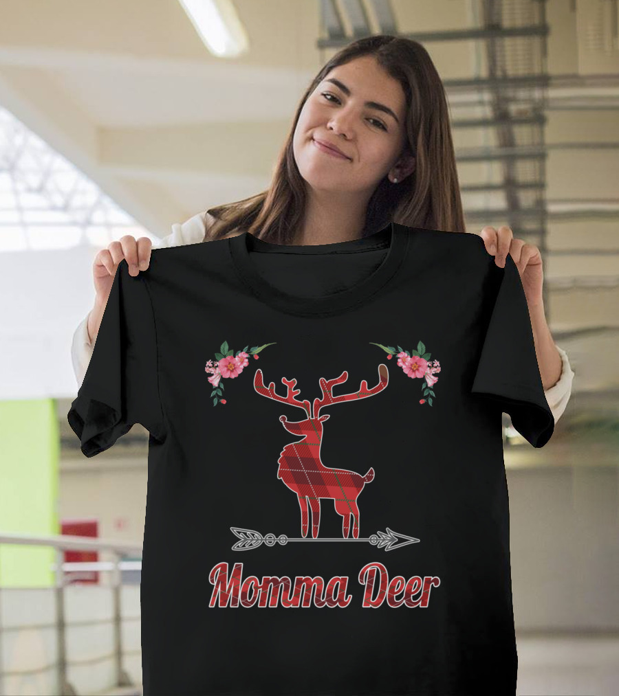Red Plaid Momma Deer Buffalo Reindeer Floral T-Shirt