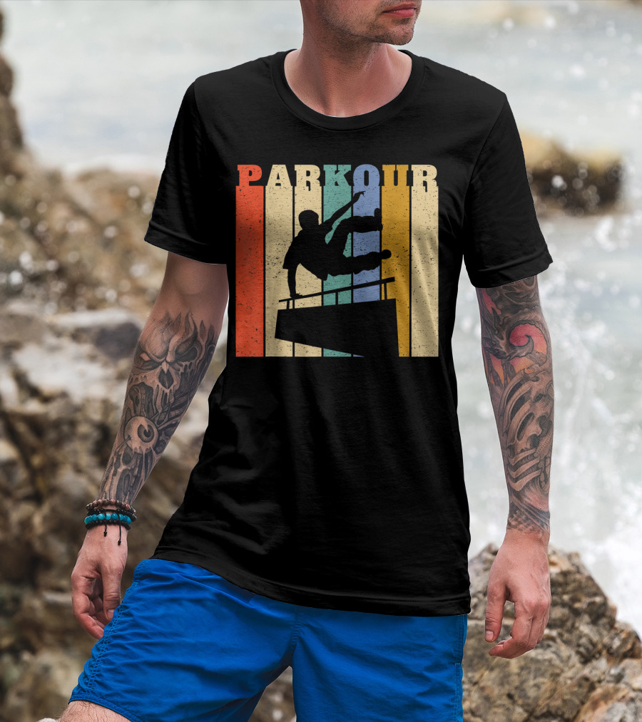Retro Parkour Silhouette Against Striped Vintage Backdrop T-Shirt