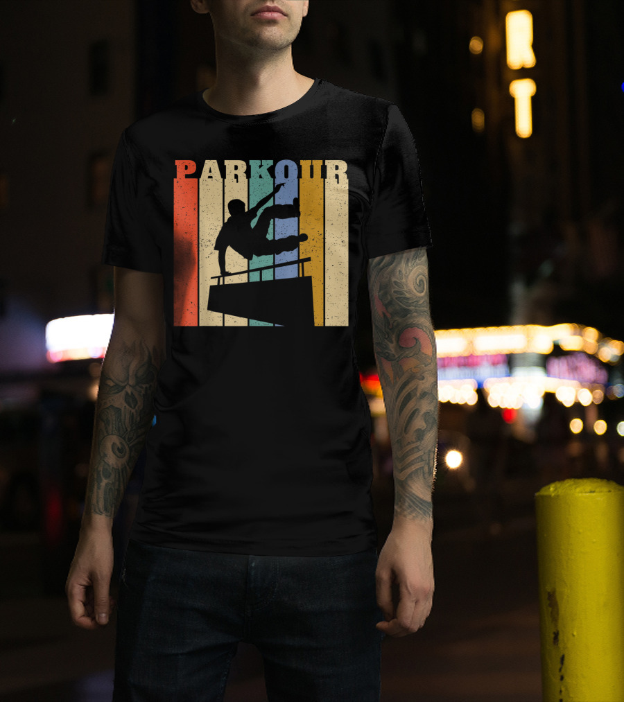 Retro Parkour Silhouette Against Striped Vintage Backdrop T-Shirt