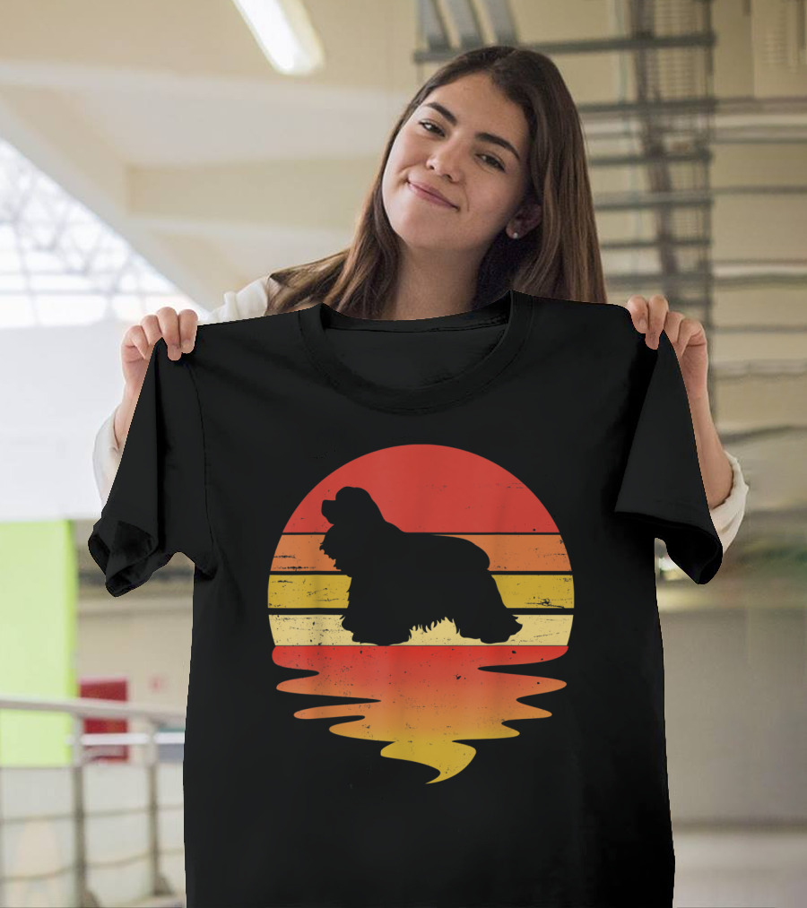 Retro Sunset Cocker Spaniel Silhouette Vintage 70s Style Dog Scene T-Shirt