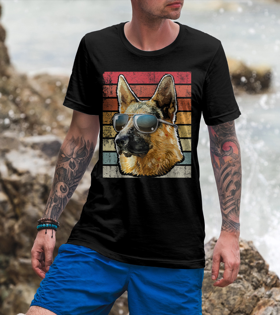 Retro Vintage German Shepherd Wearing Sunglasses T-Shirt