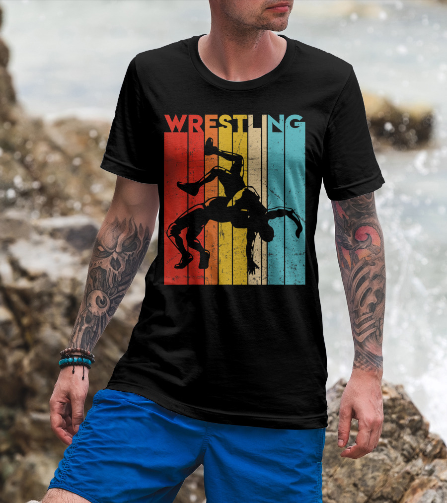 Wrestling Retro Vintage Silhouette Players On Colorful Stripes T-Shirt