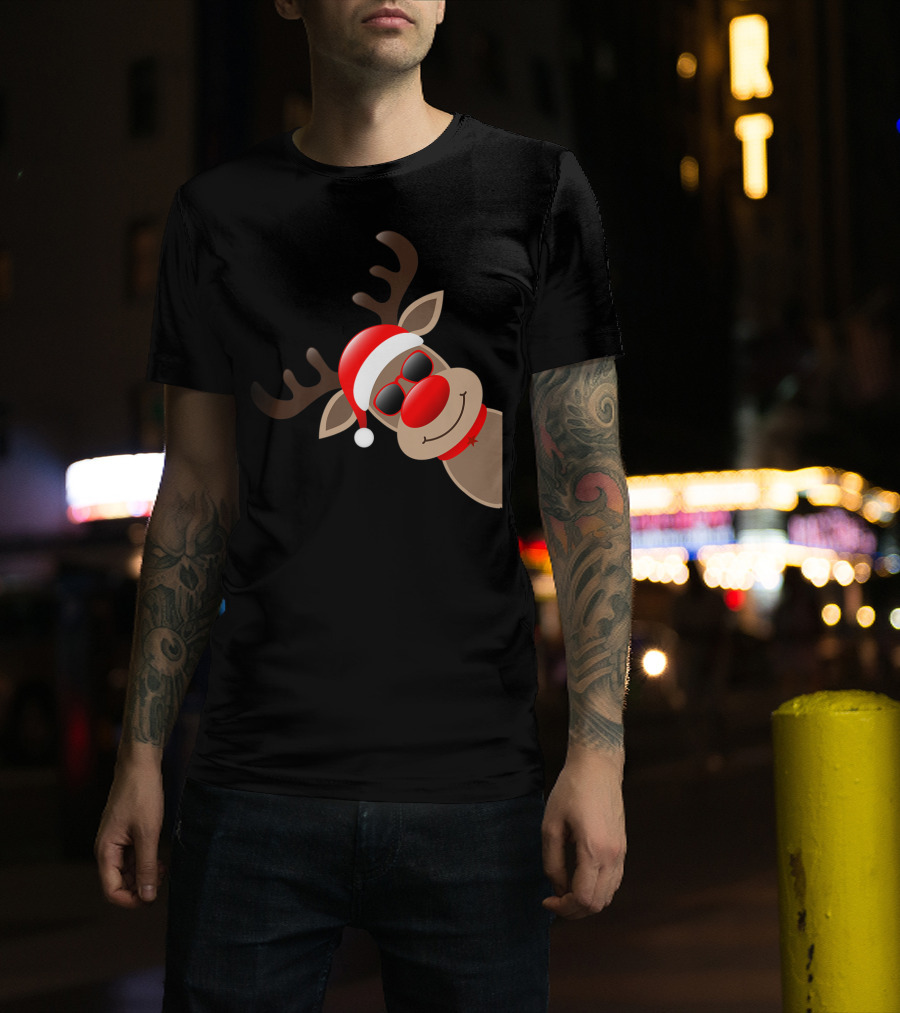 Rudolph Red Nose Reindeer Santa Hat Sunglasses T-Shirt