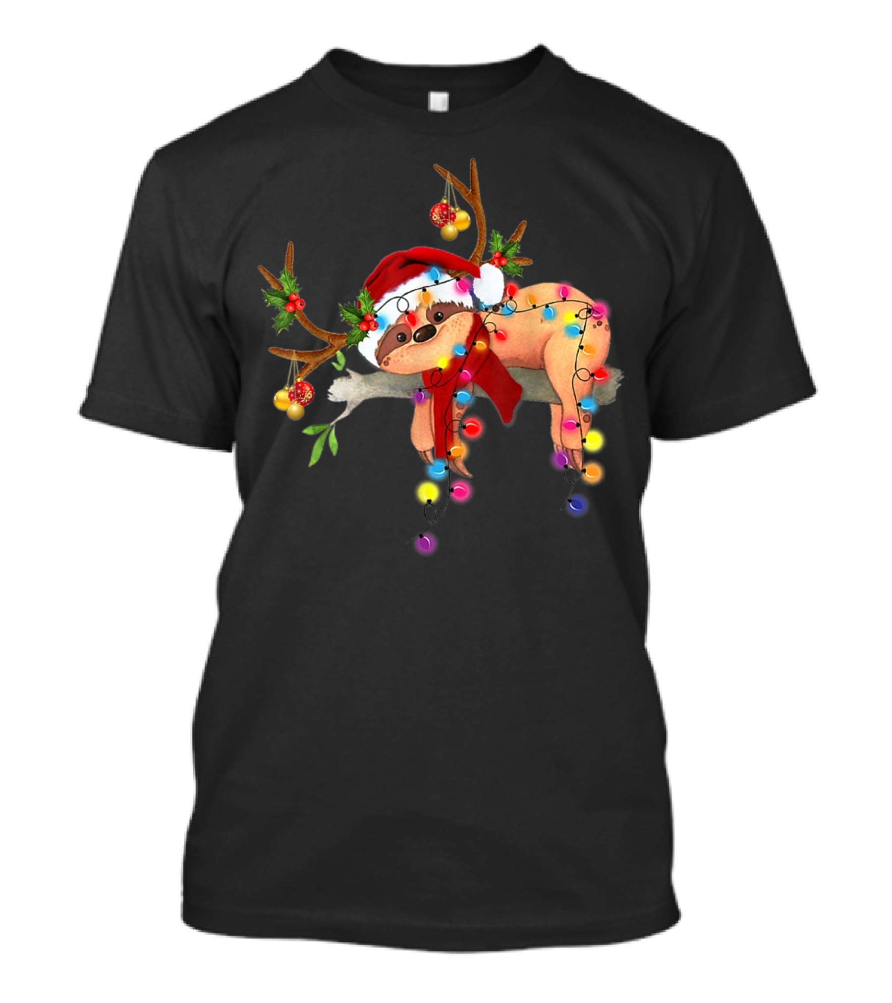 Santa Sloth Reindeer With Christmas Lights And Hat T-Shirt
