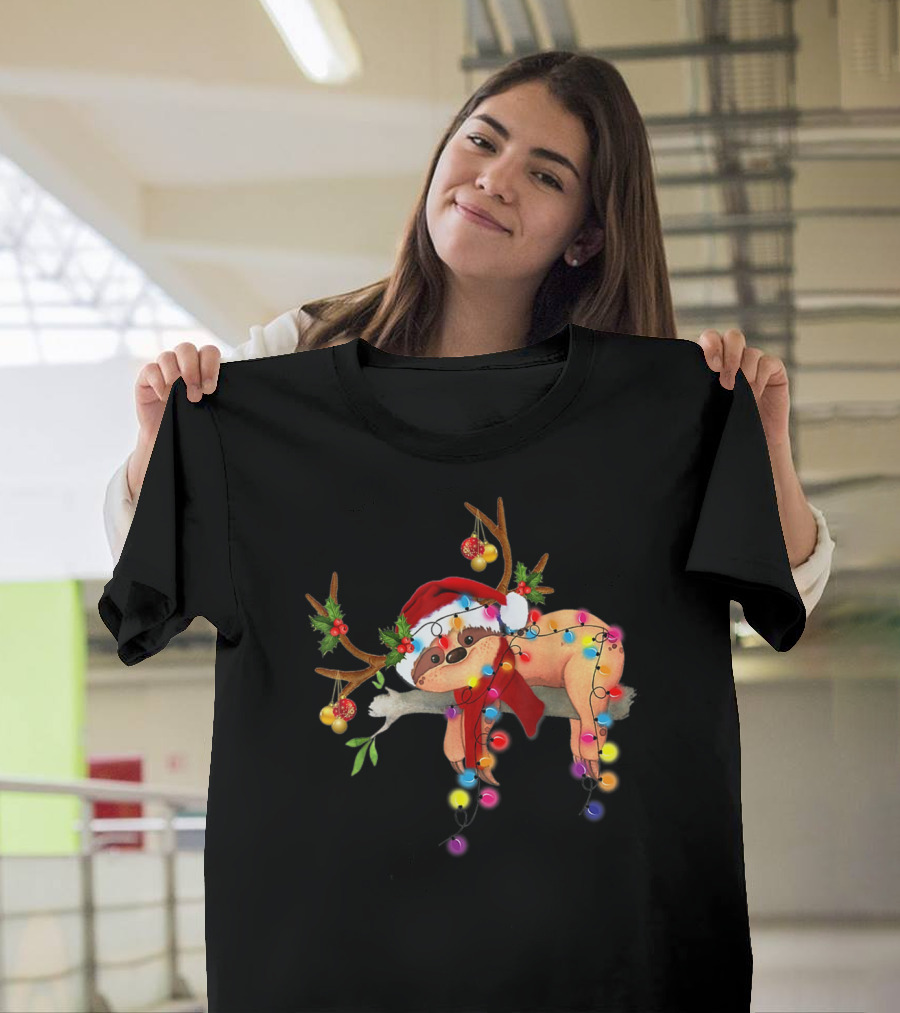 Santa Sloth Reindeer with Christmas Lights and Hat T-Shirt