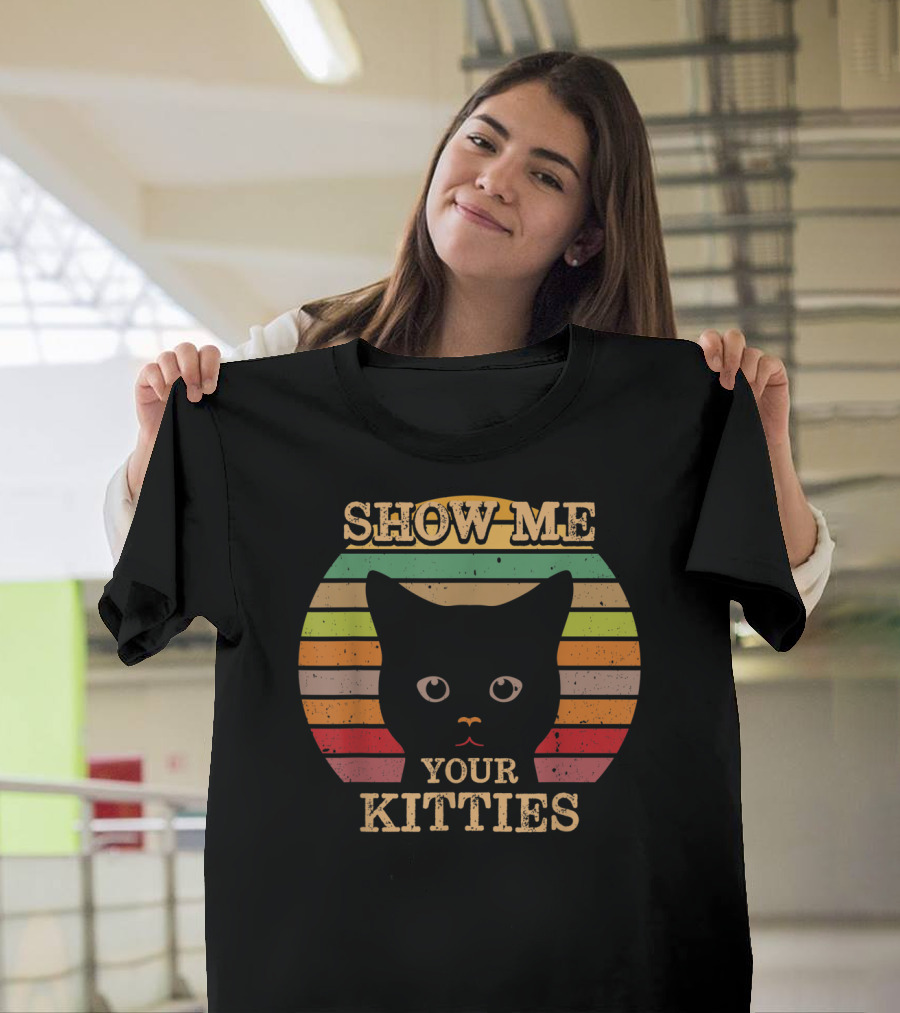 Show Me Your Kitties Retro Cat Lover Rainbow Stripes T-Shirt