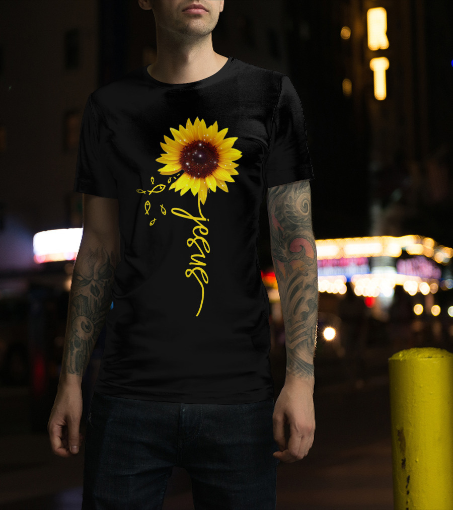Sunflower Jesus Christian Faith Cross With Ichthys Symbols T-Shirt