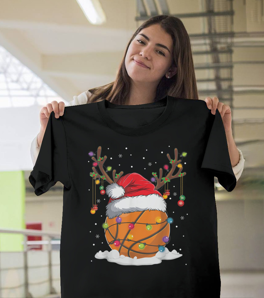 This Is My Christmas Basketball Player Santa Hat Reindeer Antlers Lights T-Shirt
