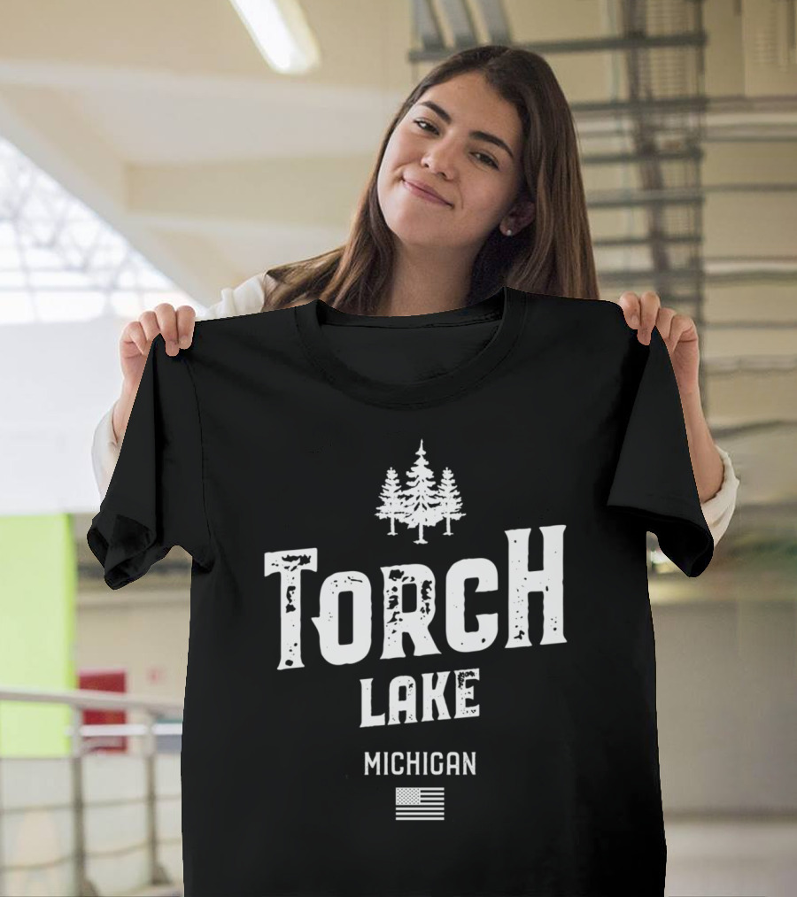 Torch Lake Michigan Trees And American Flag T-Shirt