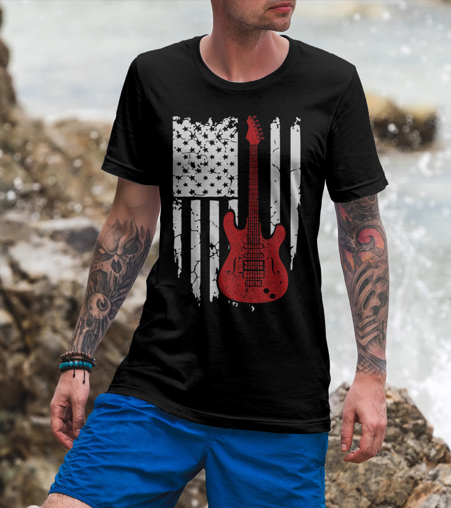 Usa American Flag Guitar Musician Guitars Red Electric Vintage Grunge T-Shirt