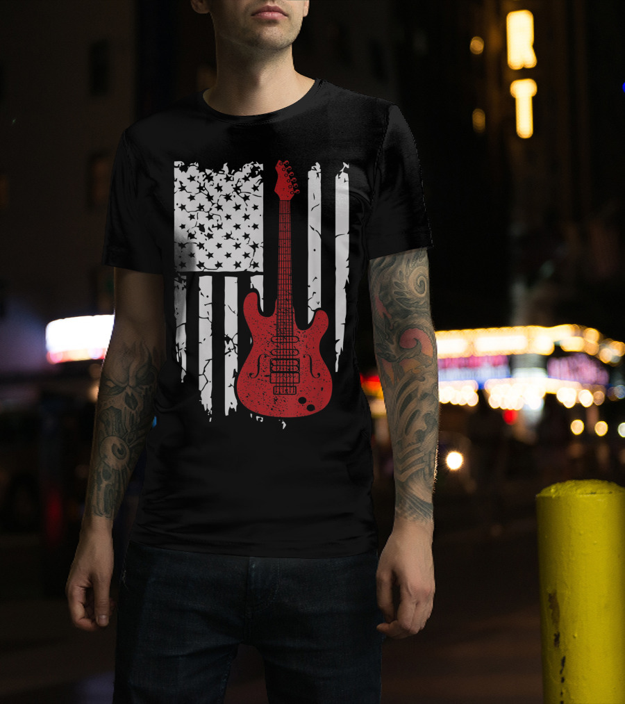 Usa American Flag Guitar Musician Guitars Red Electric Vintage Grunge T-Shirt