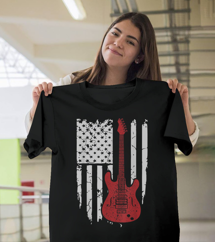 Usa American Flag Guitar Musician Guitars Red Electric Vintage Grunge T-Shirt