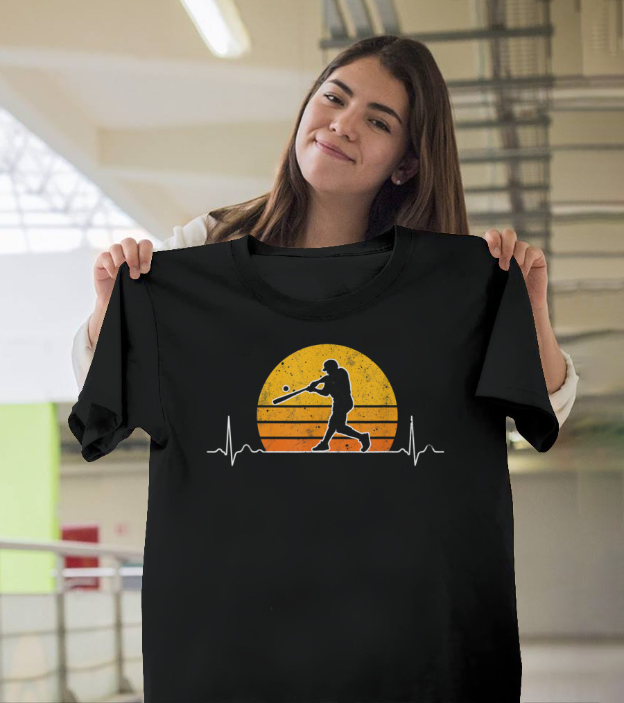 Vintage Baseball Player Heartbeat Sunset Scene T-Shirt