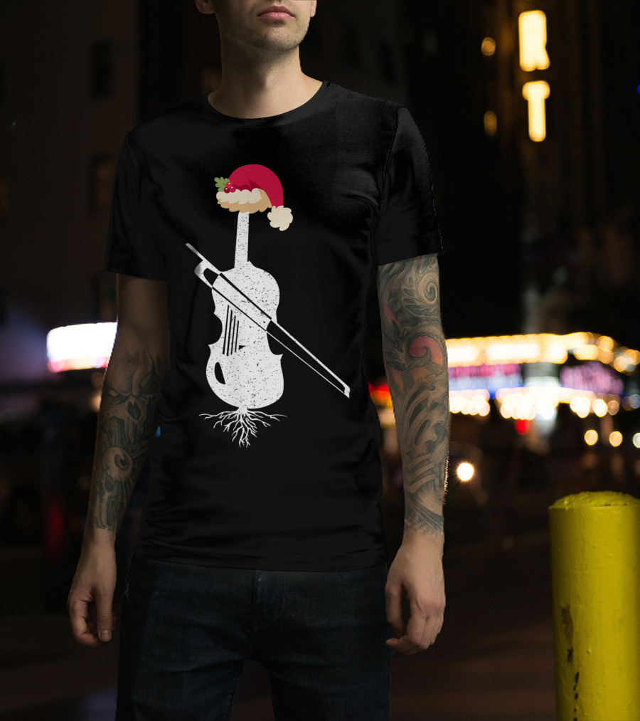 Violin Santa Hat Christmas Tree Vintage Style Holiday Decor T-Shirt
