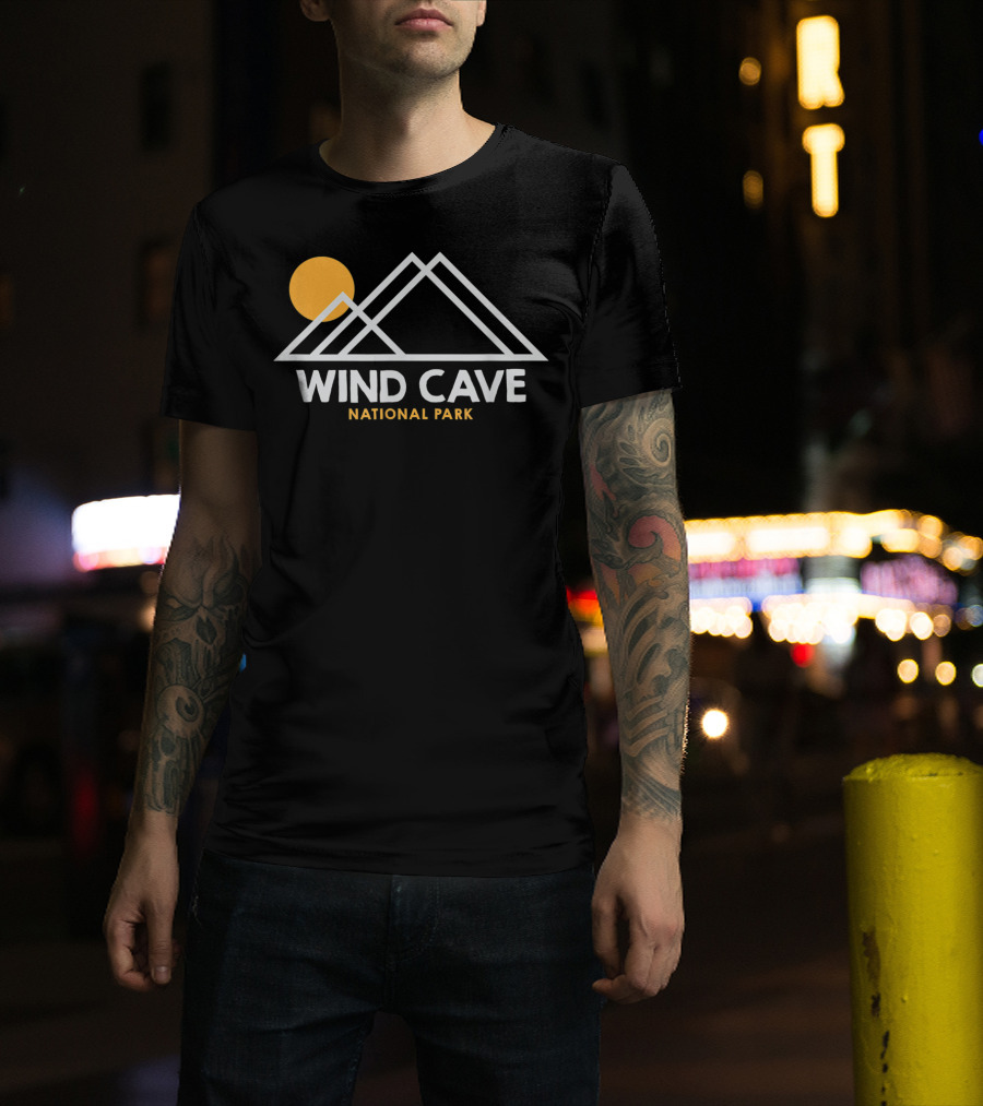 Wind Cave National Park South Dakota Outline Mountain Sun T-Shirt