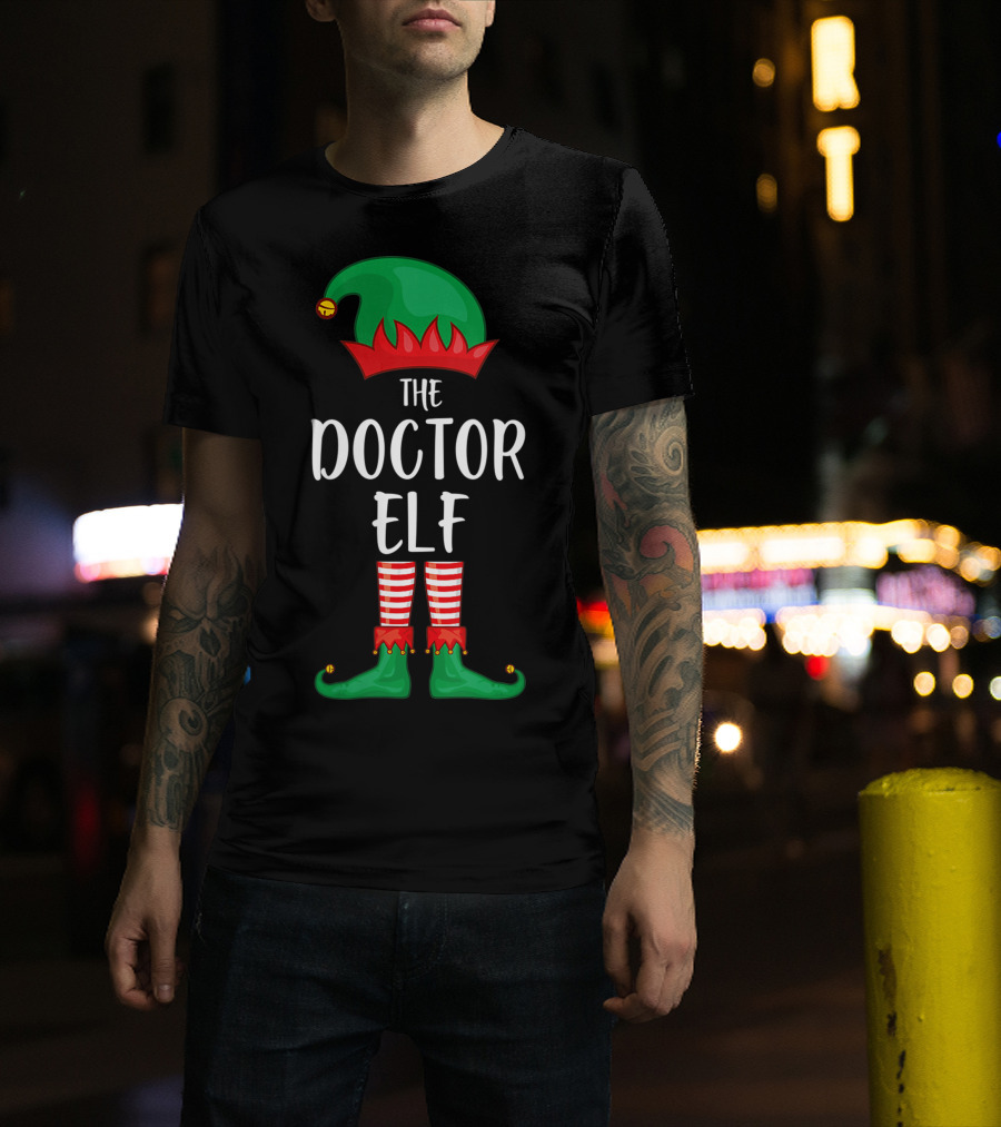 The Doctor Elf Christmas Party Jester Hat And Striped Tights T-Shirt