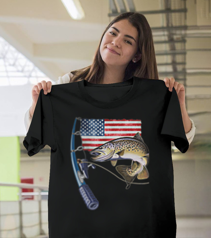 Fishing Hooked On A Feeling American Flag Rod Fish T-Shirt