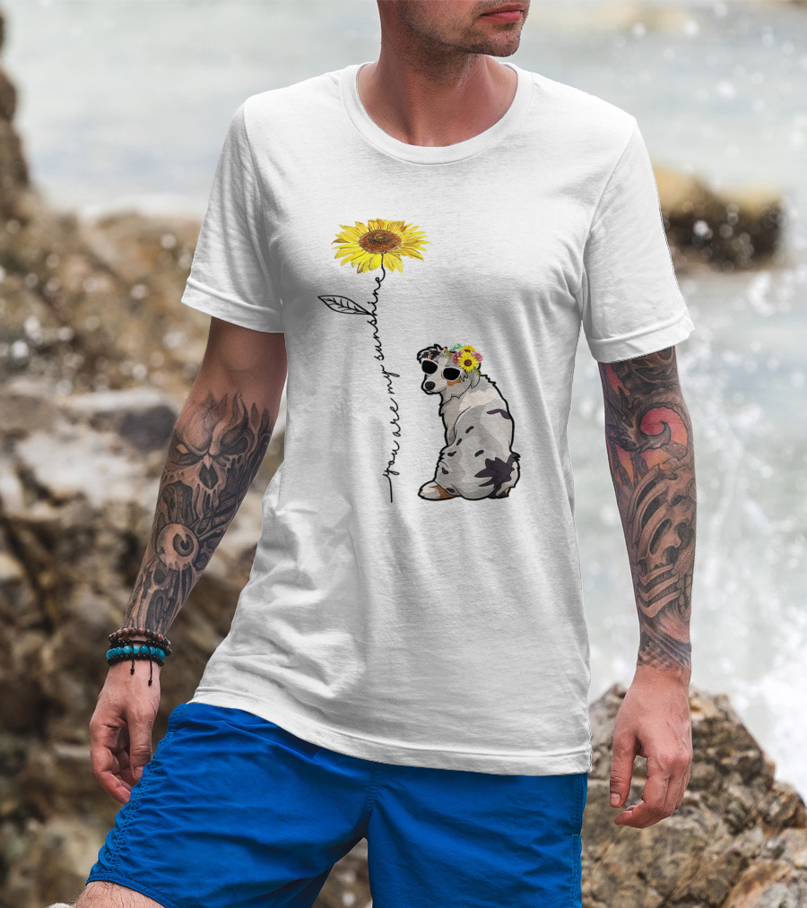 You Are My Sunshine Australian Shepherd Sunflower Sunglasses And Flower Crown T-Shirt