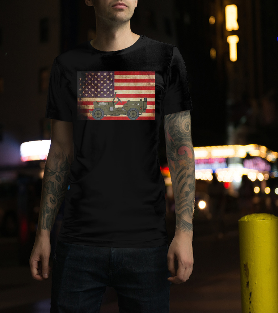 American USA Flag Willys Jeep WW2 Military Army Vehicle Stars And Stripes Vintage Retro Iconic T-Shirt
